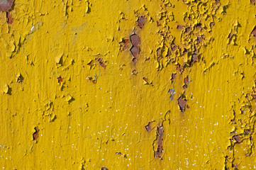 Background. Rusty metal surface. The yellow paint was peeling. The iron is oxidized. Cracks and fractures.