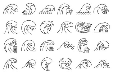 Obraz premium Tsunami disaster icons set. Outline set of tsunami disaster vector icons for web design isolated on white background