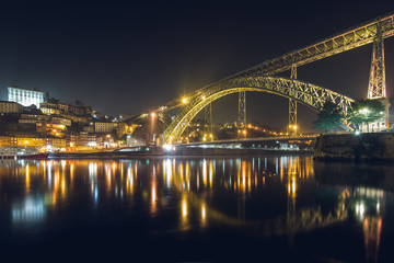 Night View of Luis I Bridge Crossing Douro River in Porto, Portugal