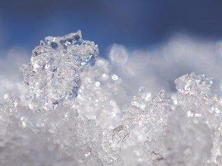 Melting snow in early spring in March. The beginning of the warm season, the end of winter. Sunny bright day. Macro