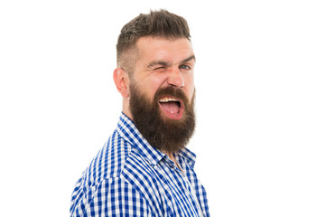 Hipster with mustache and beard happy face expression. Happiness concept. Psychological health. Happy emotional guy. Emotional intellect. Happy man on white background. Bearded man smiling