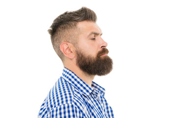 Obraz premium charismatic male looking serious. mustache from barber. Mature hipster with beard. trendsetter hipster with mustache profile. mustachioed and bearded male. after hairdresser salon. barbershop master