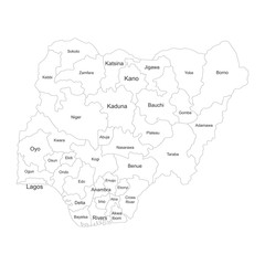 Nigeria region map with name labels. Political map. Perfect for business concepts, backgrounds, backdrop, poster, sticker, banner, label and wallpaper.