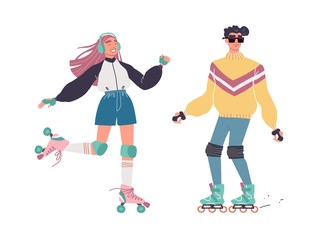 Lovers boy and girl on roller skates against white background