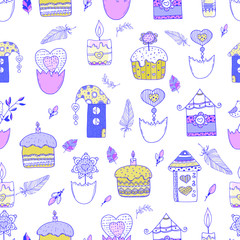 Cute seamless pattern of cakes, houses, bunnies, twigs. Drawing in a vector by hand. Suitable for Easter cards, posters, things, clothes