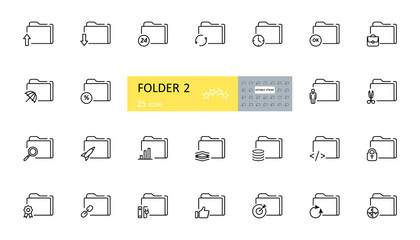 Folders icon. Vector set of 25 icons with editable stroke. Archive folder with download, time, percent, portfolio, character, scissors, magnifying glass, rocket, diagram, lock, battery.