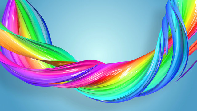 Abstract rainbow color ribbon twisted into a circular structure on a blue background. Beautiful multicolored ribbon glitters brightly. creative design of abstract 3d object © Green Wind