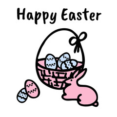 Inscription Happy easter. Easter eggs in a basket, rabbit. Doodle elements
