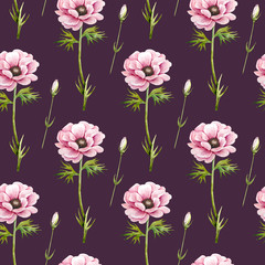 pattern with pink flowers on a leg on a purple background. pink anemones watercolor illustration