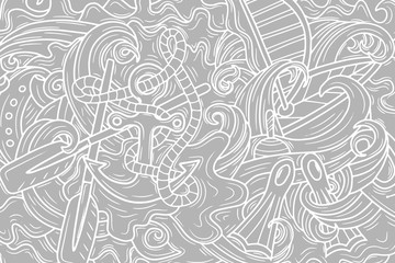 Doodle sea colorong with yacht, boat, paddle, flippers, seashell and wave. Outline antistress pattern. Vector stock illustration