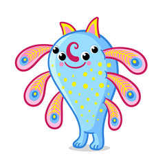 A cute monster with four eyes. Blue alien stands on a white background.