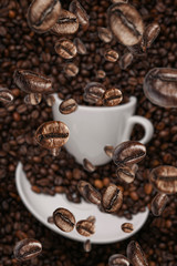 white coffee cup lies in roasted coffee beans of the highest standard