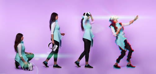 Plakat Woman wearing virtual reality headset. Image with glitch effect