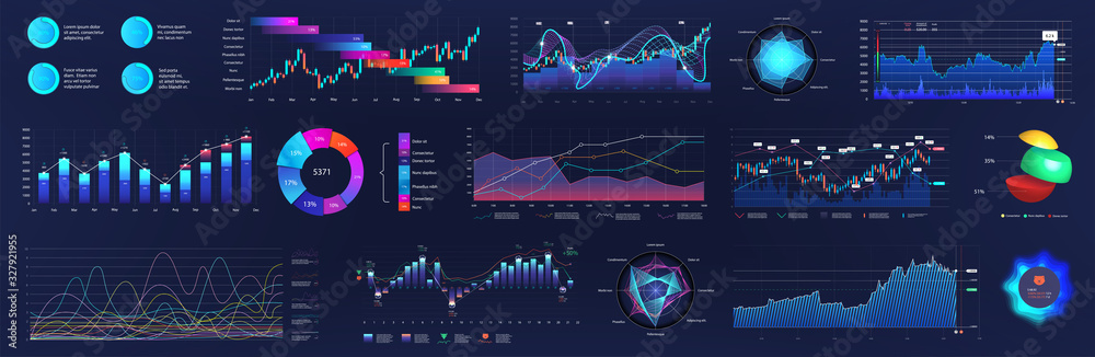 Poster UI User interface elements for dashboard. Futuristic neon infographics, pie charts, bars, data panels, diagrams. Digital elements, tech HUD. UI, UX, KIT visualization screen. Admin panel. Vector set