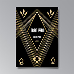 Art Deco page template, retro style for web and print, geometric retro pattern design with golden lines.