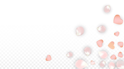 Vector Realistic Petals and Hearts Confetti. Flying Sakura and Hearts on Transparent Background. Wedding Invitation Background. Spring Romance Poster. Vector Illustration for Anniversary Design.