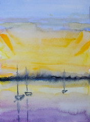 Boats with a filmed sail in bay against the background of sunset. Painting with watercolor.