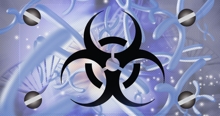 Sign - biological hazard.Abstract image of coronaviruses on the background of a stylized image of the DNA chain