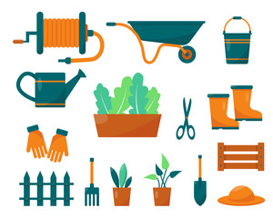Set of gardening tools and plants.
