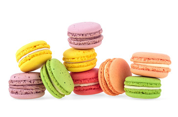 Colorful macaroons isolated on a white background. French sweet delicacy.
