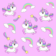 Fototapeta premium Unicorn pattern with pastel pink background. Kids cute happy cartoon with baby unicorn, rainbow, stars for baby clothes, nursery art, sticker, print, pop art. Kawai fantasy animal. Vector illustration