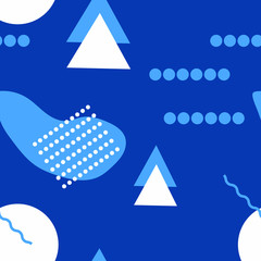 Obraz premium Nordic Scandinavian seamless pattern in blue and white colors. Geometry design. Abstract simple symbols 