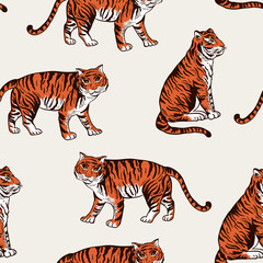 Fototapeta na wymiar Vintage summer vector tiger seamless pattern