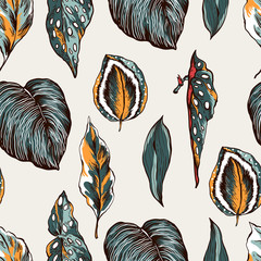 Vector vintage seamless pattern of tropical leaves © Belus