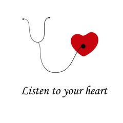 Card with phonendoscope  which is listen to heart. With sign. Vector isolated. 
