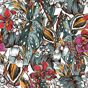 Vector floral vintage seamless pattern of tropical leaves and blooming flowers