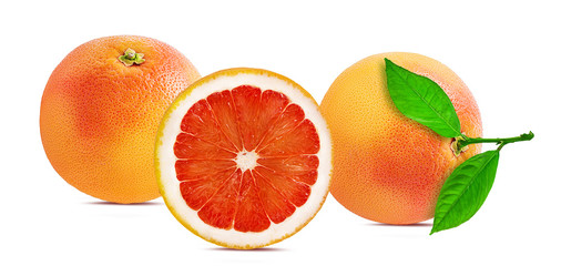 Fresh grapefruit with leaves  isolated on white background  with clipping path
