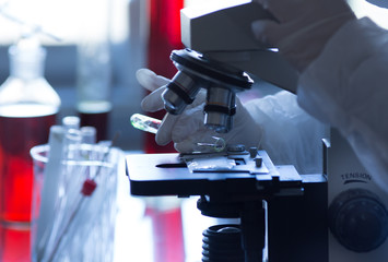 Biologist workiing with samples on microscope