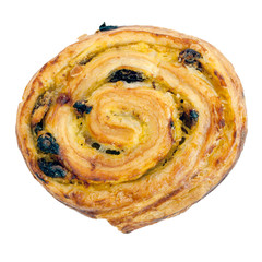 Fototapeta premium Raisin custard swirl pastry isolated white background.
