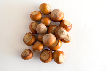 Hazelnut. Fresh organic hazelnut isolated on a white background. selective focus.view from above