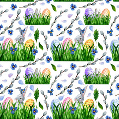 Easter cute background with rabbit and colored eggs. spring watercolor seamless pattern. Background with green bushes where the hare is hiding