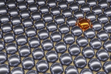 3D illustration of an abstract individual, a different colored sphere among other spheres with all the same color