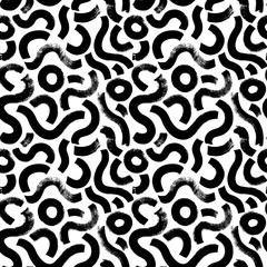 Black curls and circles vector seamless pattern. Chaotic ink brush scribbles decorative texture.