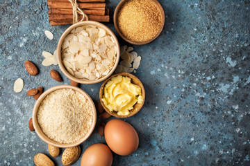 Almond flour with eggs, butter and spices for gluten free dessert