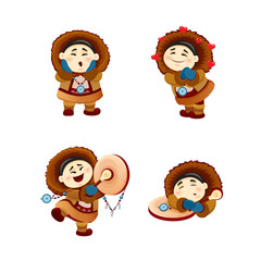 vector cartoon illustration of funny Eskimo shaman illustration of the northern people asian shaman with a tambourine and amulets dancing a magical dance caster and magician. Chukchi, Indian inuit eps