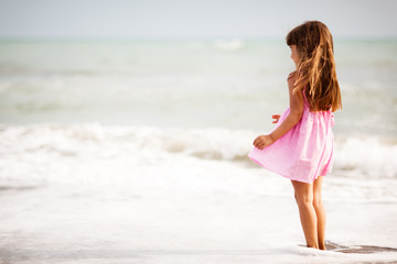 Fototapeta na wymiar Girl with brown hair dressed in pink dress, standing on beach seashore. Blurred background sea and waves