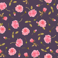 Fototapeta na wymiar Seamless pattern with watercolor roses on violet background. Flower watercolor pattern. Floral illustration. Use it for website, fabric, textile, cosmetics, invitation, weddings, postcards, packaging