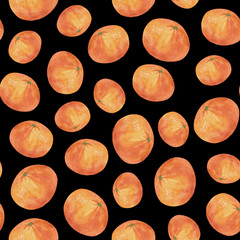 Seamless pattern with watercolor oranges on black background. Grapefruit seamless pattern. Summer fruits pattern. Perfect for textile, card, fabrics, wallpapers,  packaging. 