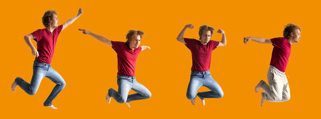 teenager boy jumping dance movement set on a colored orange background.