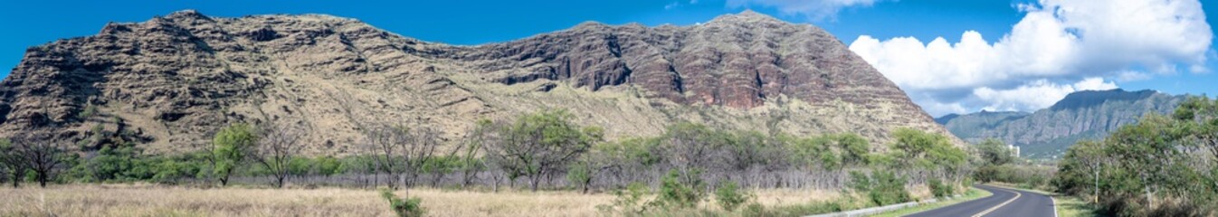  Panoramic view of a road and mountains in Oahu Hawaii