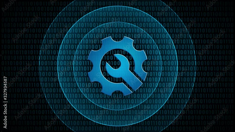 Poster internet technology control gear tool symbol for computer device settings with waves in digital back