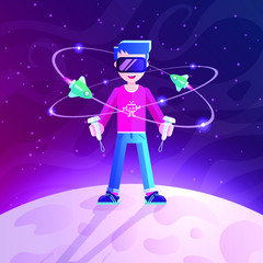 Boy playing a Virtual Reality space shooter game standing on a planet