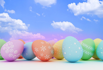 Easter eggs on blue sky background. 3d illustration