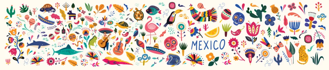 Foto op Aluminium Mexico big collection. Mexican decorative vector pattern. Map of Mexico with traditional symbols and decorative elements. Symbols of Mexico © moleskostudio