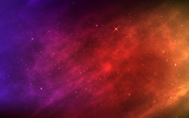 Space background. Realistic color nebula and shining stars. Futuristic cosmic backdrop. Bright cosmos with galaxy and milky way. Universe and stardust. Vector illustration