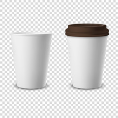 Vector 3d Realistic Disposable Opened and Closed with Lid Paper, Plastic Coffee Cup for Drinks Icon Set Closeup Isolated on Transparent Background. Design Template, Mockup. Front View